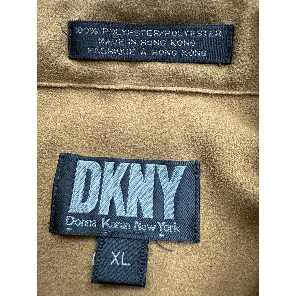 VTG DKNY Shirt Mens XL Brown Button Long Sleeve Faux Suede Pocket 90s Minimalist